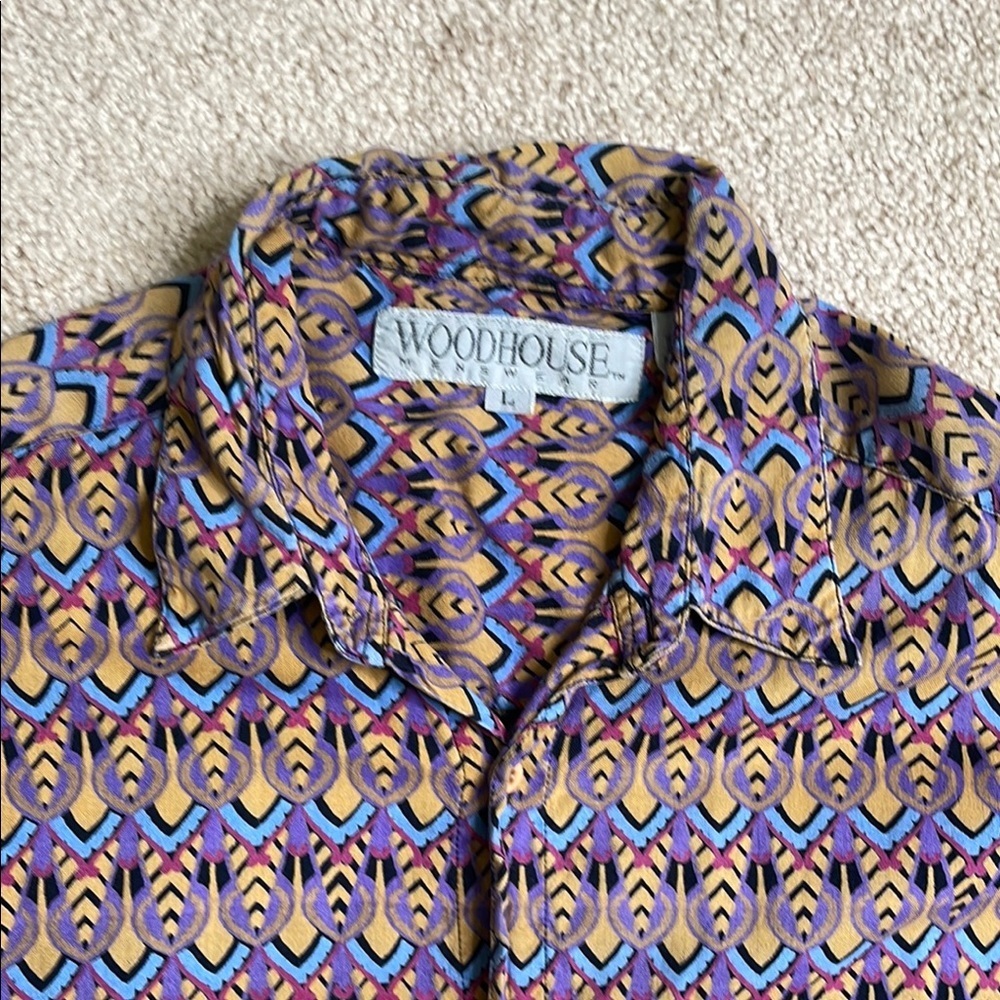 Woodhouse Blue and Brown Casual Button Down Shirt with Geometric Pattern - Picture 2 of 5